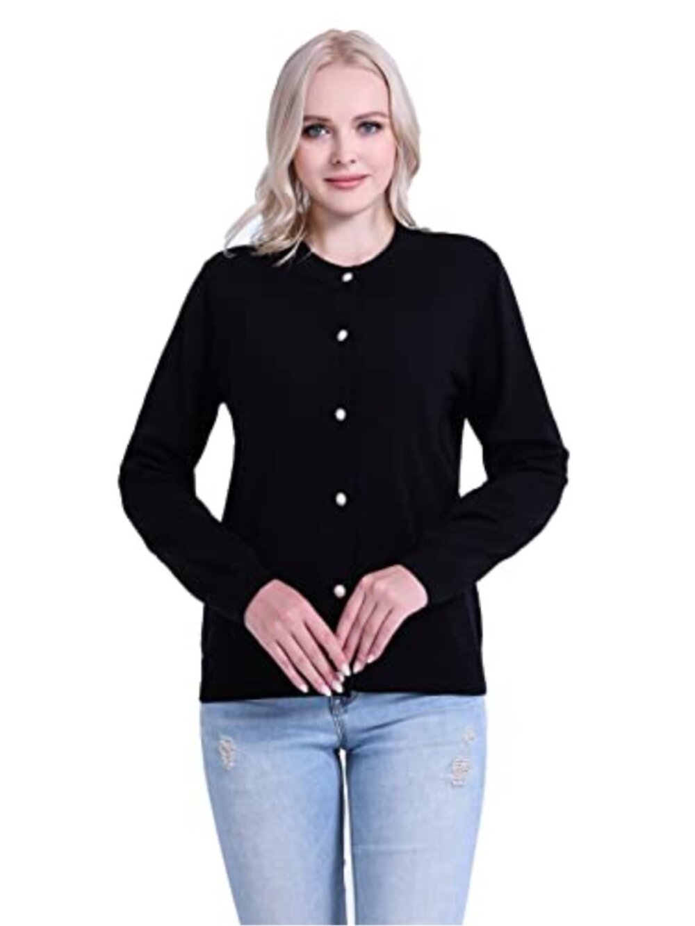 Crewneck Pearl Button Cardigan Sweater Medium Weight Women's Knit Cotton Blend